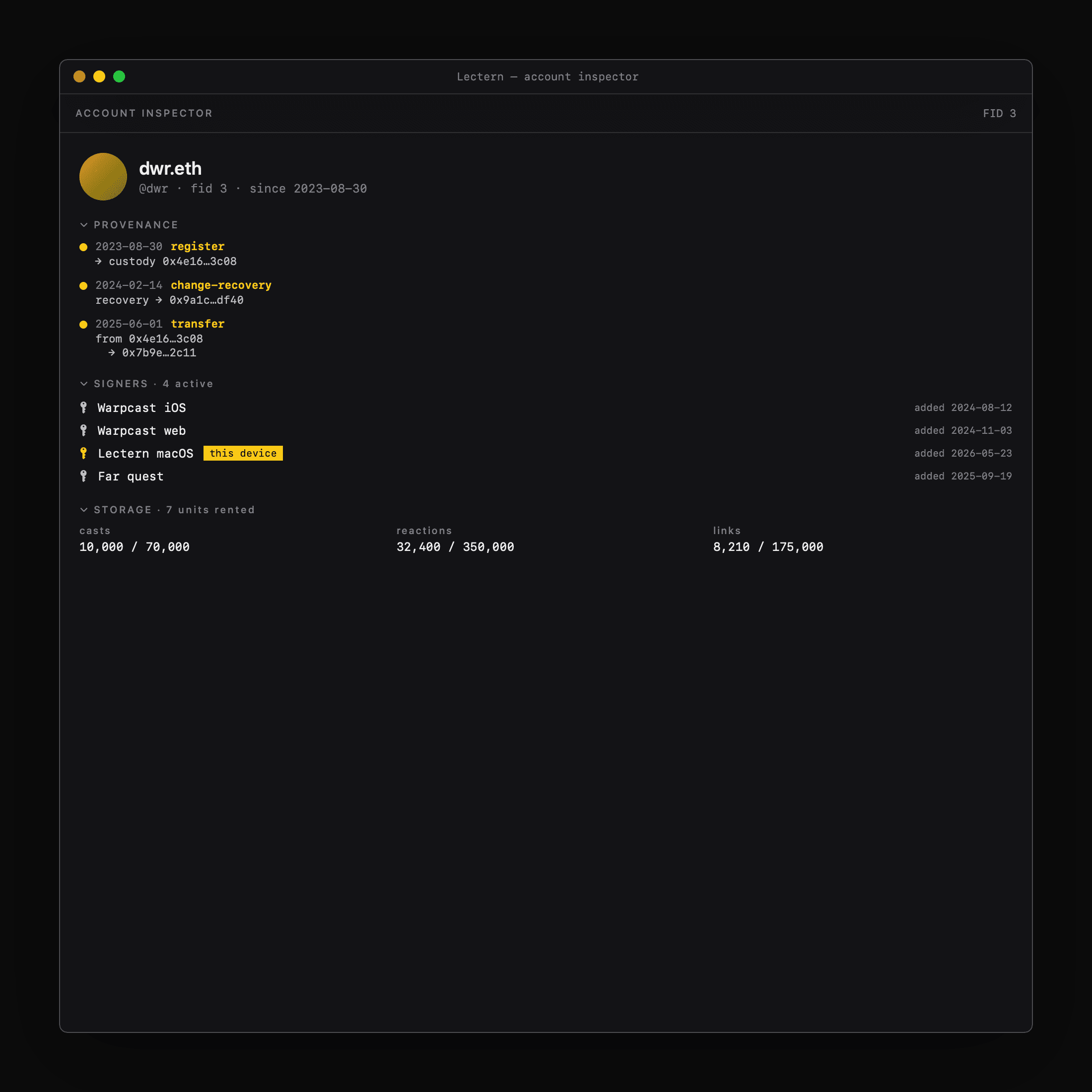 Account inspector with provenance timeline, signers, and storage stats