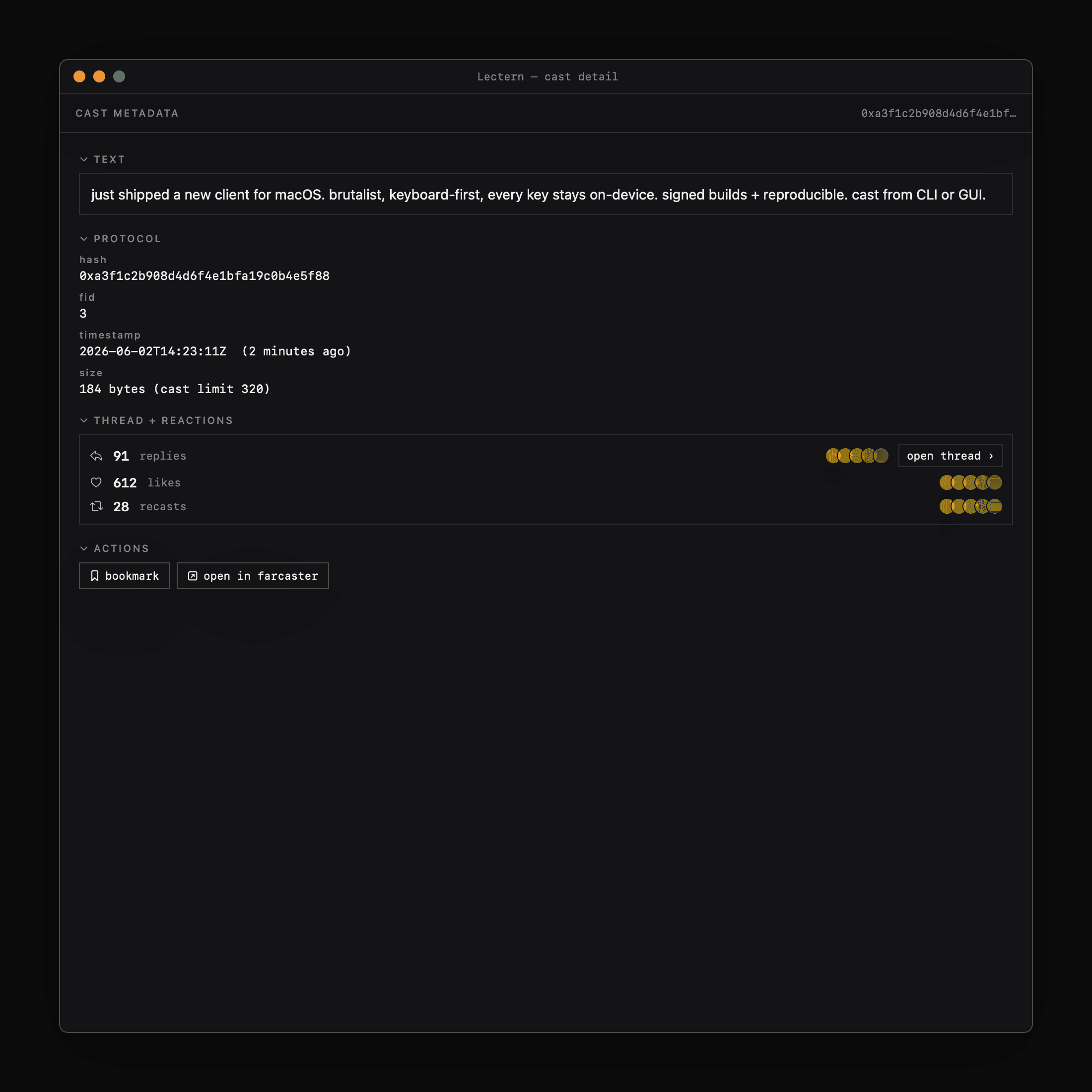 Cast metadata inspector with protocol fields and thread reactions