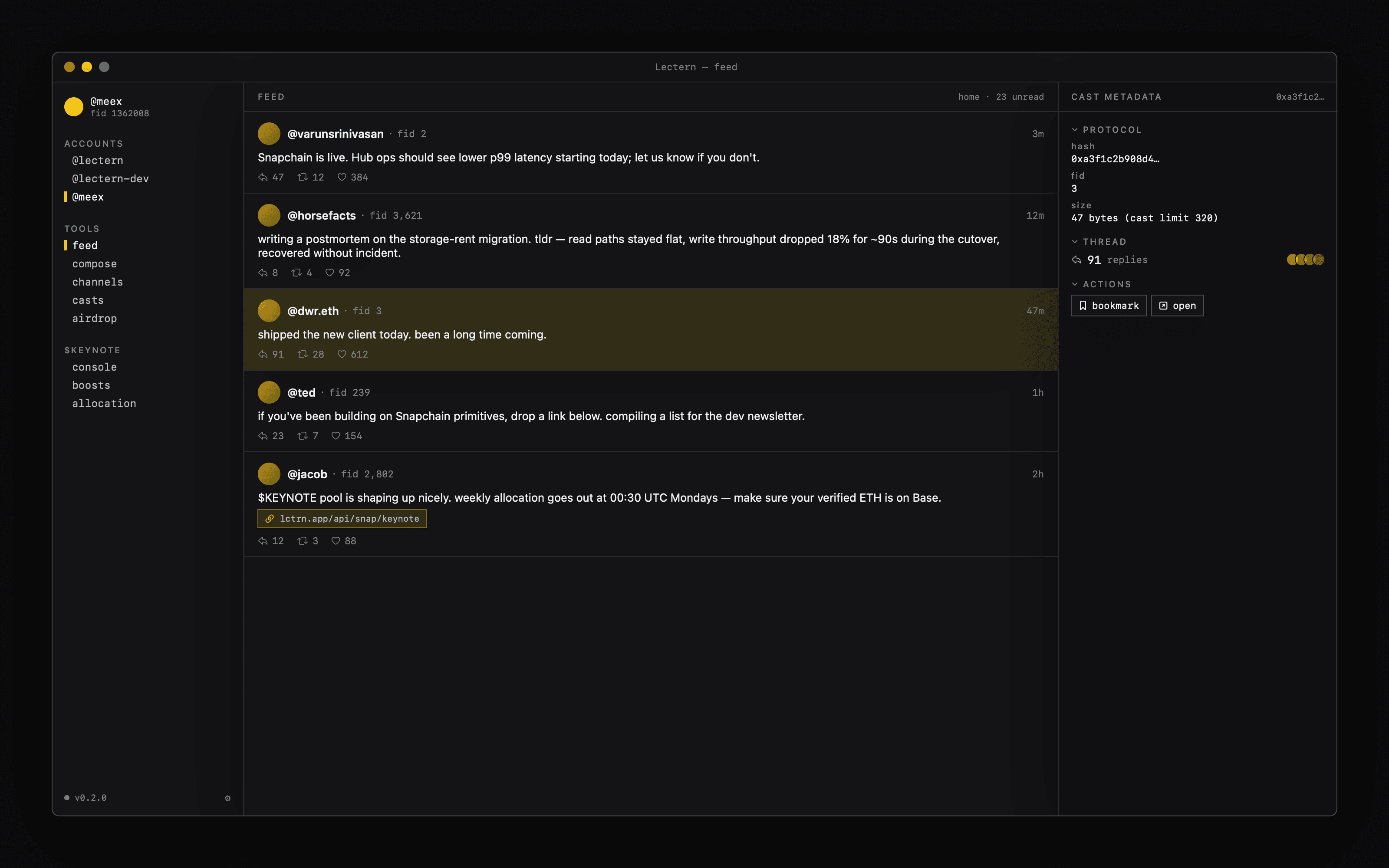 Lectern macOS — three-pane feed view with sidebar, cast list, and detail inspector