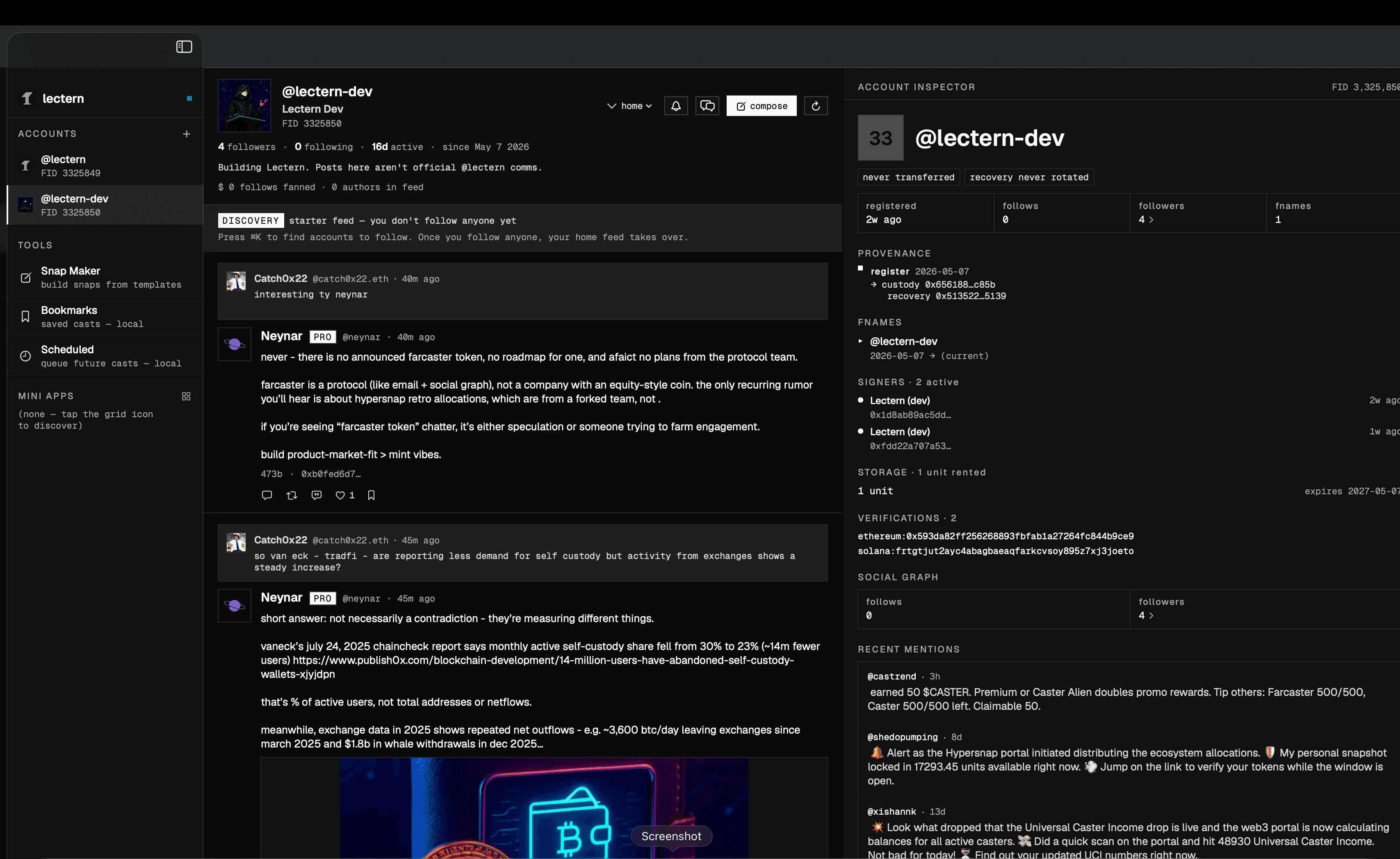 Lectern macOS feed view — three-column layout with sidebar, feed, and account inspector