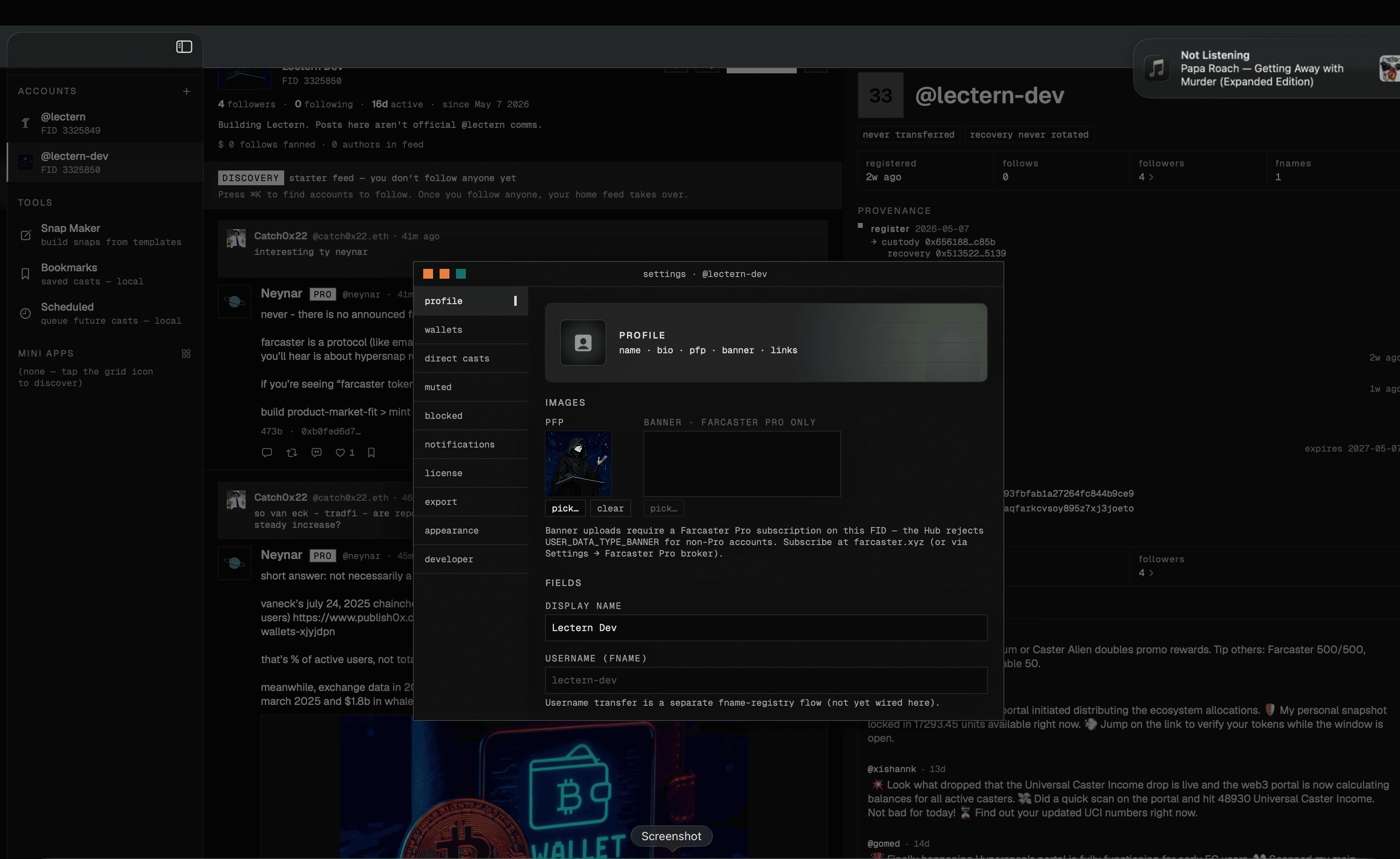 Lectern Settings panel — Profile editor with sidebar for DCs, Muted, Notifications, Snap Maker, Subscription, Developer